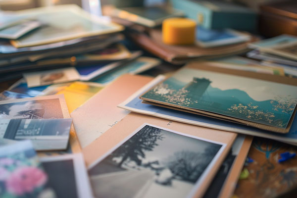 un escritorio desordenado con fotografías y álbumes de fotos dispersos, algunos sostenidos por varios tipos de rincones fotográficos, iluminados por una suave luz natural