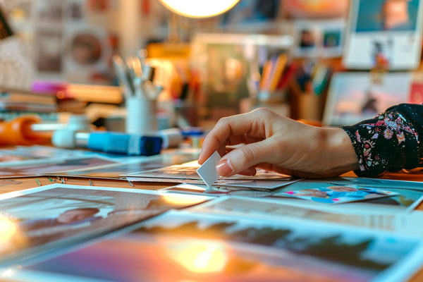 una mano aplicando esquinas autoadhesivas a fotografías en un escritorio de trabajo desordenado, iluminado por una iluminación cálida y suave