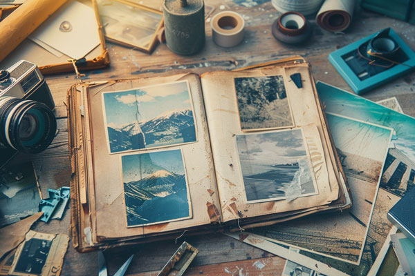 a vintage photo album open on a wooden desk, surrounded by old photographs, a camera, and archival materials, illuminated by soft natural light