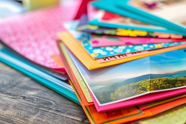 Bunte Scrapbook-Alben auf einem Holzschreibtisch gestapelt, auf denen ein lebendiges Foto zu sehen ist