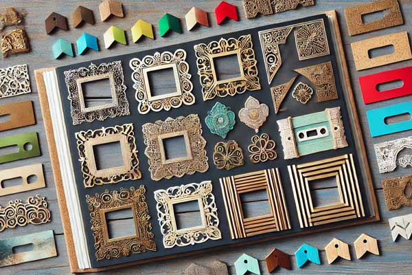 an elegant photo album page displaying various decorative photo corners, including metallic finishes, clear corners, vintage designs, colorful themes, and natural wood textures