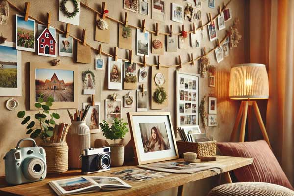 cozy room with photo displays on a string, collage wall, and framed photos on a table