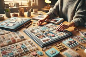 hands placing photos with decorative corners in a scrapbook