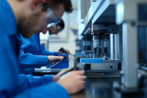 lab technicians measuring photo corner materials with digital calipers
