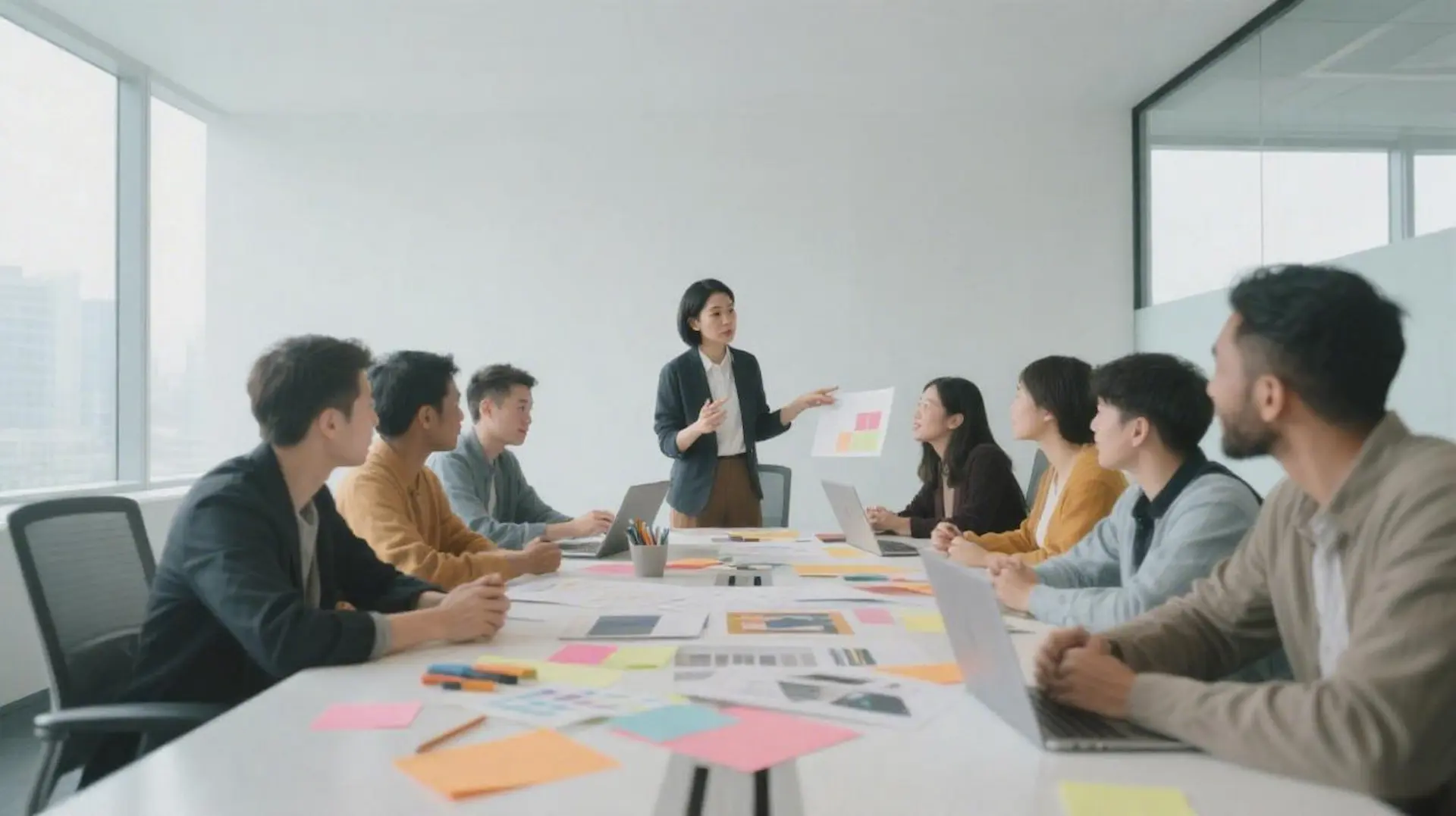 Творческая команда SENDA Stickers совместно работает в современном офисе