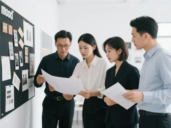 The SENDA Stickers leadership team reviewing product designs