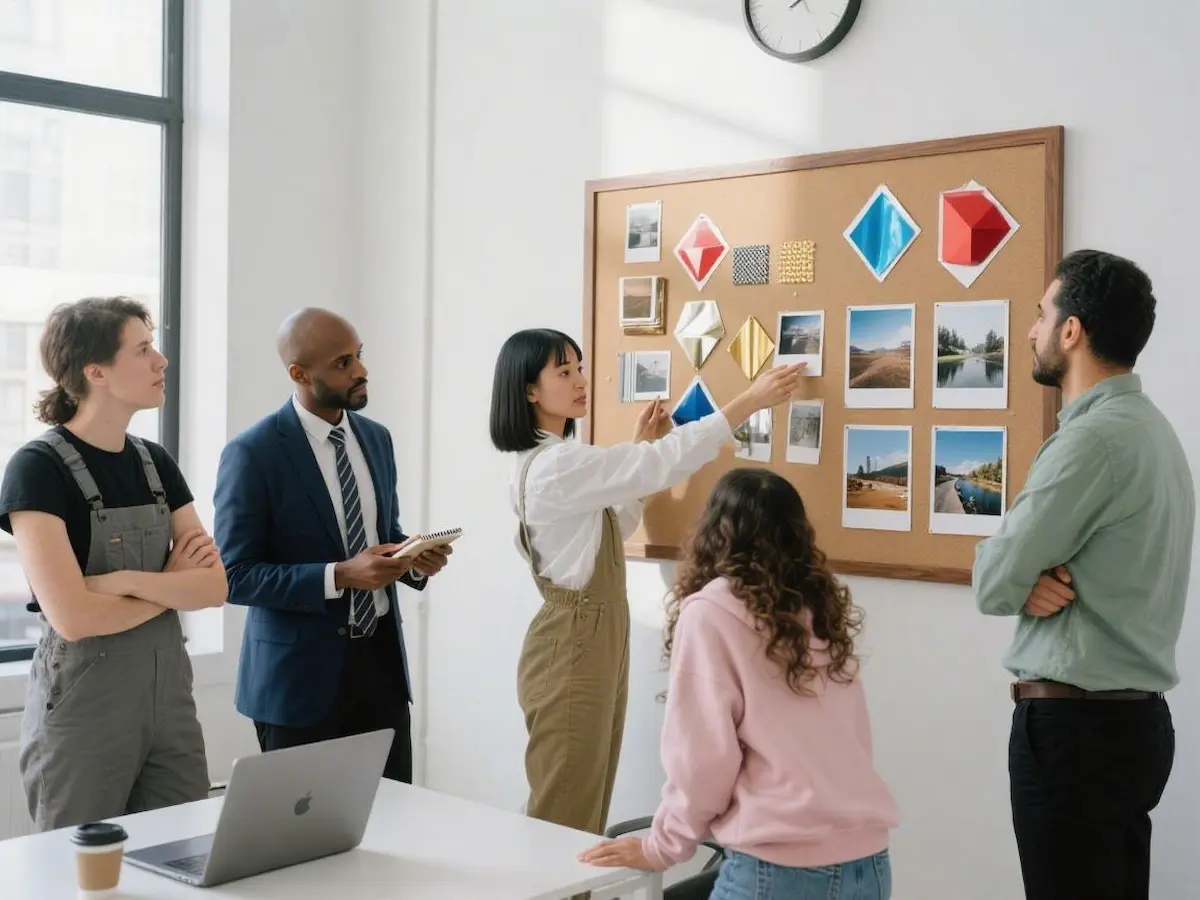 A equipe de desenvolvimento de produto da SENDA Stickers colaborando em uma reunião de design.