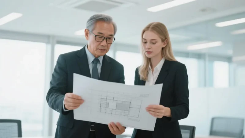 Two professional SENDA Stickers team members collaborating on a project plan in a modern office, ready to assist clients.