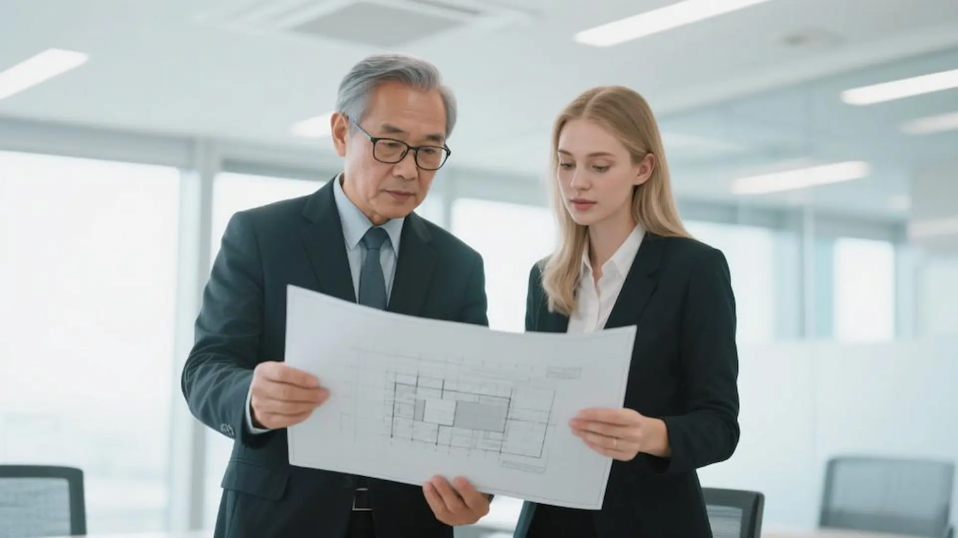 Dois membros profissionais da equipe SENDA Stickers colaborando em um plano de projeto em um escritório moderno, prontos para auxiliar os clientes.