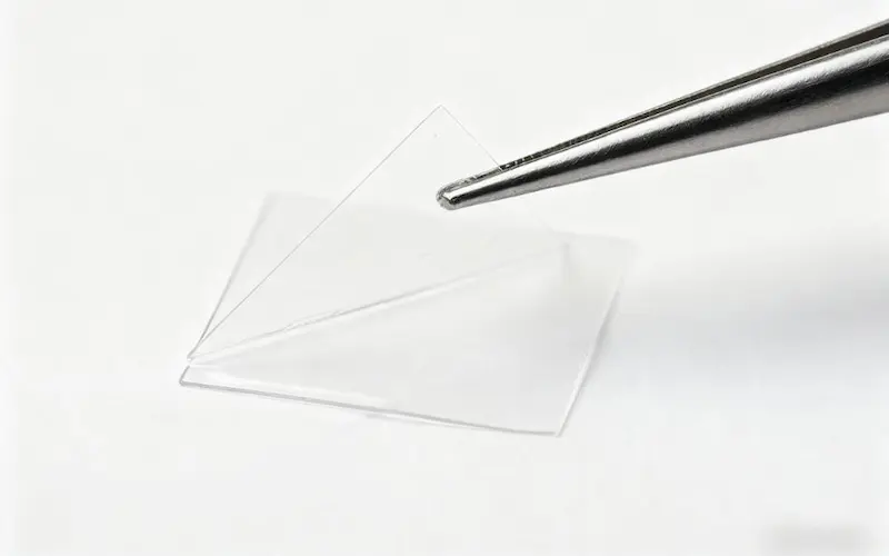 A macro photograph showing a clear, high-quality pressure-sensitive adhesive film being handled with professional tweezers.