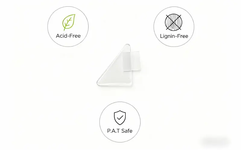 A clear photo corner surrounded by icons for Acid-Free, Lignin-Free, and P.A.T. Safe, illustrating the functional foundation of all quality corners.