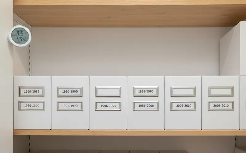 A clean, organized closet shelf with labeled archival boxes, illustrating the ideal environment for safe photo storage.