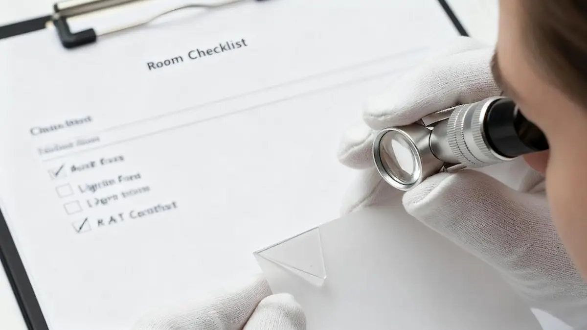 Um arquivista usando uma lupa para inspecionar um canto de foto arquivístico, com uma lista de verificação profissional ao fundo, simbolizando um processo de seleção rigoroso.