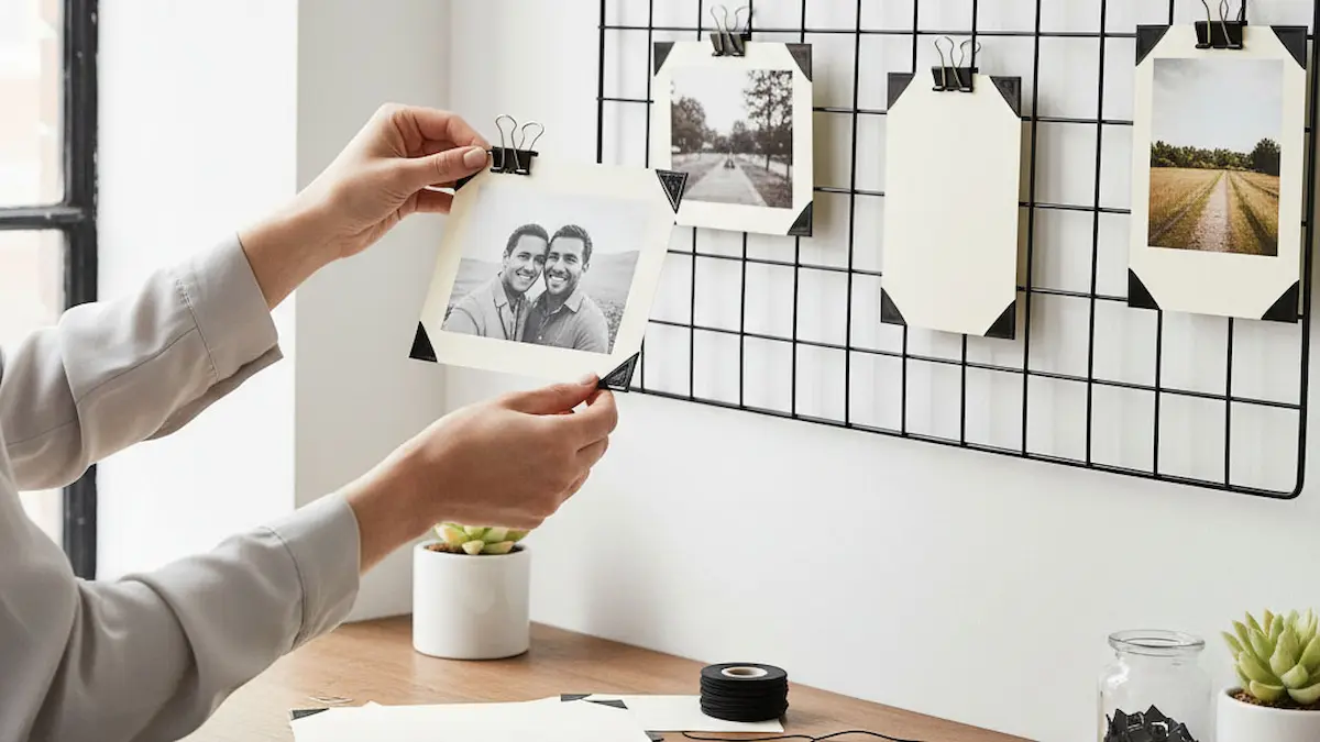 Uma pessoa prendendo com segurança uma foto montada em papel cartão com cantos de foto a uma grade de arame, mostrando uma ideia de exibição criativa e segura para arquivo.