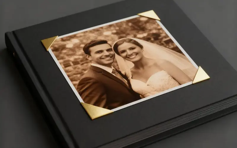 A close-up of an elegant gold foil photo corner on a wedding photo, representing a sophisticated metallic design trend for special events.