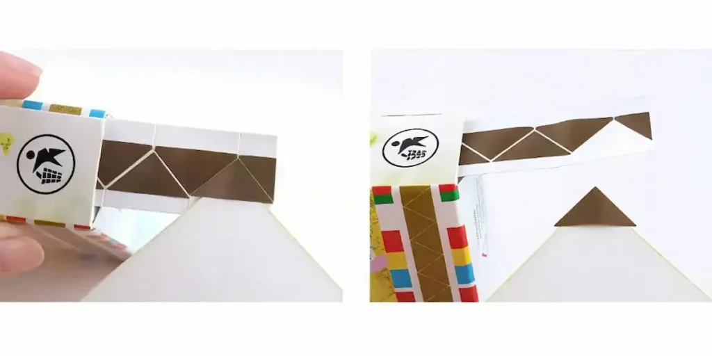 A two-panel image demonstrating how to use a dispenser to apply photo corners: the first panel shows the application, the second shows the result.