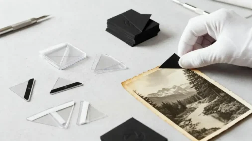 A detailed close-up of various high-quality photo corner materials, including clear polypropylene and acid-free paper, neatly arranged on an archivist's desk.