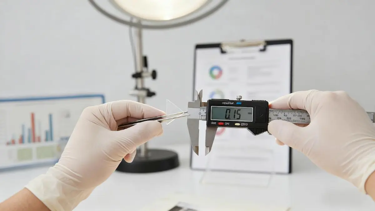 Um especialista em controle de qualidade usando um paquímetro digital para medir a espessura de um canto de foto, simbolizando um processo profissional de aquisição e avaliação.