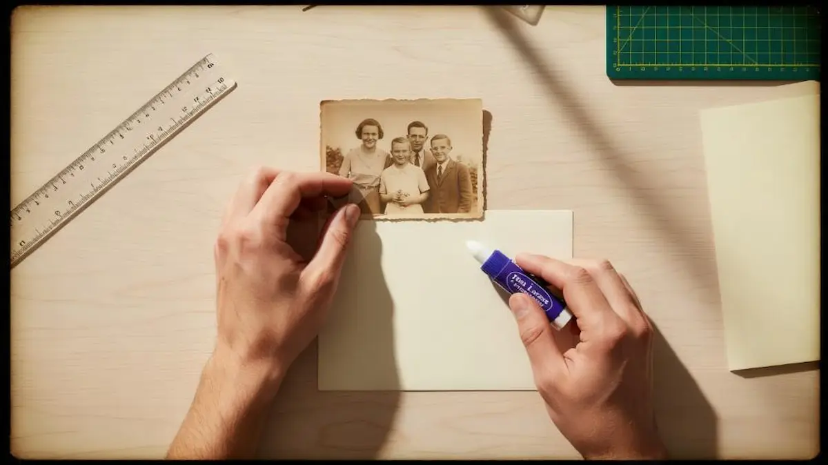 Uma pessoa decidindo entre usar um canto de foto autoadesivo seguro e um bastão de cola potencialmente danoso para montar uma fotografia.