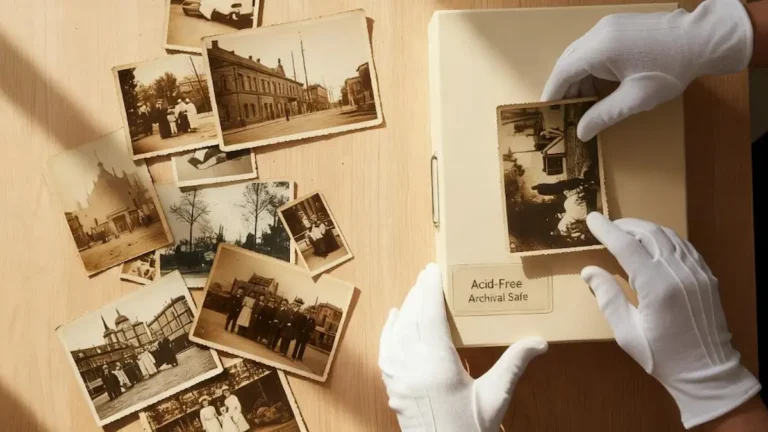 An archivist wearing white gloves carefully places a vintage photograph onto a clearly labeled "Acid-Free, Archival Safe" storage box.