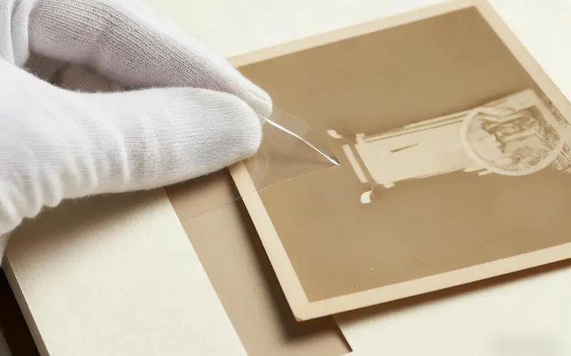 An archivist's gloved hand sliding a valuable old photograph into an adhesive-free slip-in corner on a museum-quality album page.