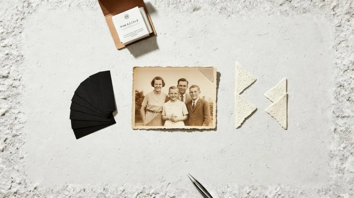 Vista aérea de diferentes tipos de cantos de foto de alta qualidade, incluindo polipropileno transparente e papel preto sem ácido, dispostos na mesa de um especialista.